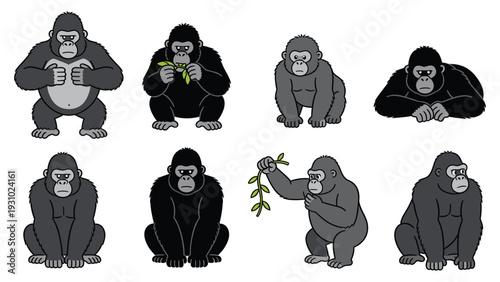 Various primate species in different poses and activities illustrated in vector graphics