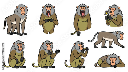 Various primate species in different poses and activities, showcasing diverse behaviors and facial expressions in a digital illustration