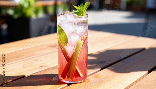 refreshing sparkling rhubarb lemonade with ice and mint for spring drink business