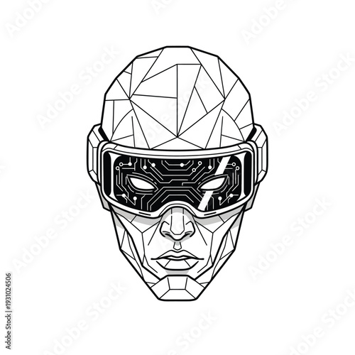 Futuristic VR Headset on Geometric Head with Circuitry. Digital Identity & AI Concept.