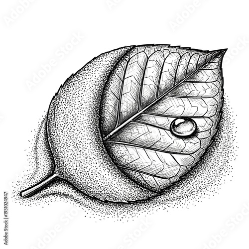 Detailed black and white illustration of a single leaf with a water droplet.