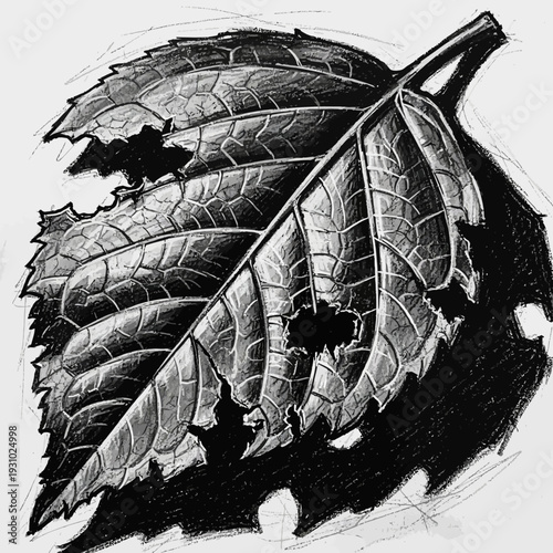 Detailed close up of a damaged leaf with visible veins and holes.