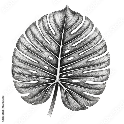 Detailed Hand-Drawn Illustration of a Monstera Deliciosa Leaf.