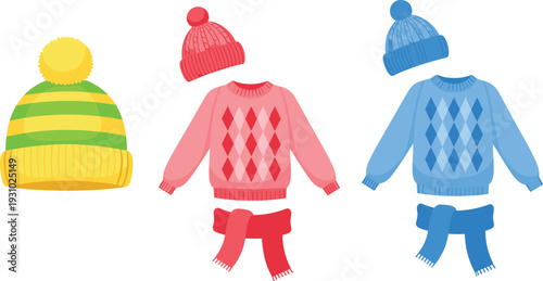 Winter Knitted Hat Sweater and Scarf Vector Set with Warm Seasonal Clothing for Cold Weather Fashion Illustration Collection.