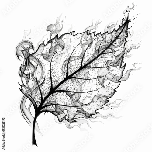Detailed illustration of a burning leaf skeleton with smoke.