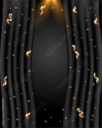 Black theater curtains with golden serpentine and glitter