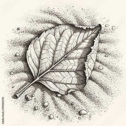 Detailed Ink Drawing of a Single Leaf on a Textured Surface.