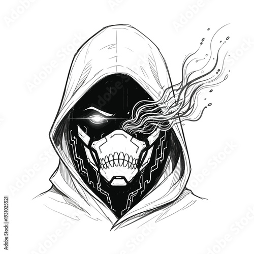 Cyberpunk Hooded Figure with Glowing Eye, Robotic Skull Mask, and Ethereal Digital Flow Illustration