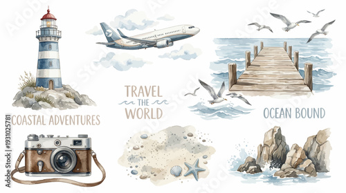 Handpainted Watercolor Travel Clipart Set with Lighthouse, Airplane, Cruise Pier and Camera