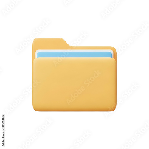 A 3D rendered open file folder icon with a light blue document inside, isolated on black
