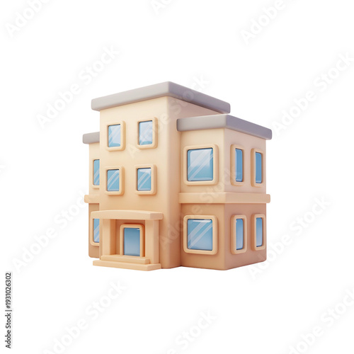 Cartoonish, three-story building with multiple windows, simple design, and light tan color