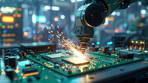 A robotic arm welds a circuit board with sparks in a futuristic factory