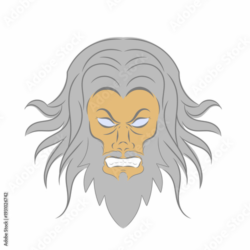 Vector illustration of a mythological god head with long hair and beard. Ancient Greek deity character isolated on light background.