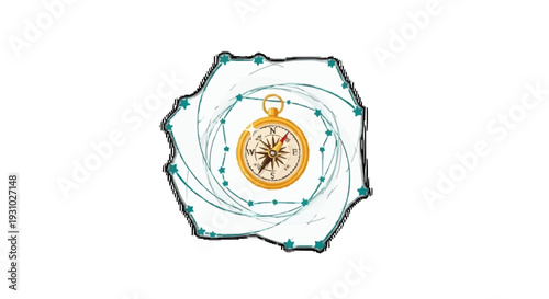Golden Vector Compass with Swirling Teal Constellations on White Background - Navigation, Exploration, and Guidance Concept
