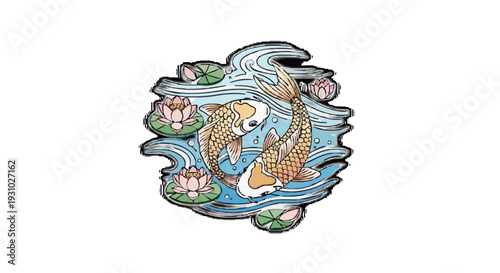 Flat Vector Illustration of Two Golden Koi Fish Spiraling in Serene Lotus Pond with Delicate Lotus Flowers and Gentle Gradient Water