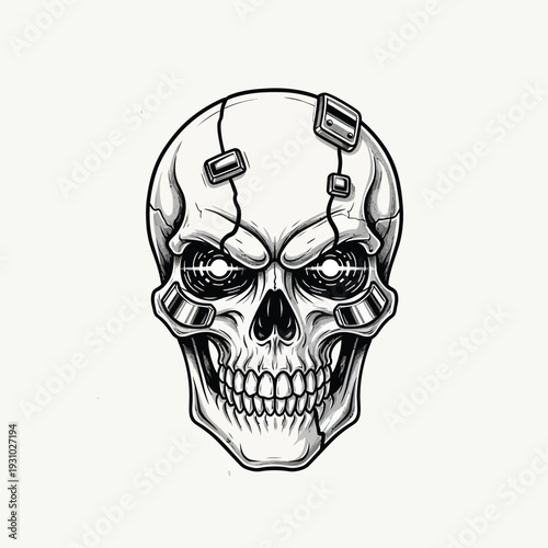 Grungy Cybernetic Skull with Glowing Robotic Eyes - Tech-Inspired Vector Illustration
