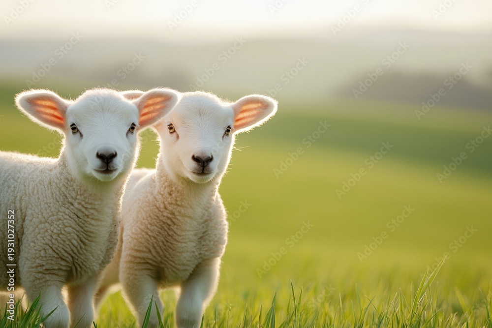 Fototapeta premium Two innocent lambs looking into the camera, standing in green grass during a tranquil sunrise on a farm