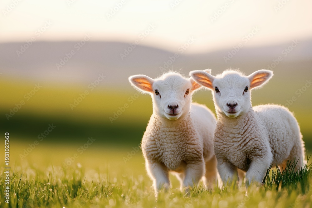 Obraz premium Two small, fluffy lambs standing side by side in a vibrant green meadow, looking at the viewer. Spring animals on a farm