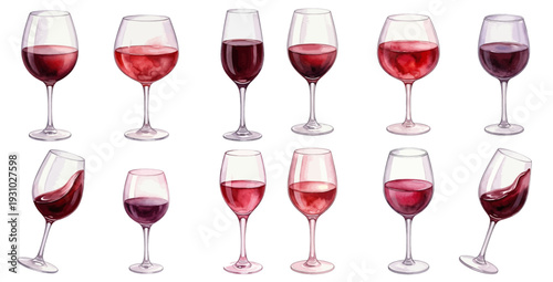 A charming watercolor collection of red wine glasses, including classic goblets and swirling wine splashes.