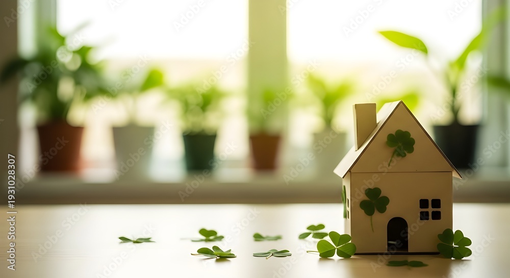 Obraz premium St patricks day home decor with green plants and miniature house