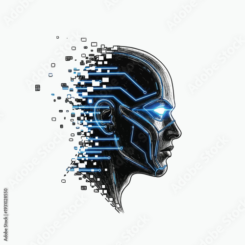 AI Brain Transformation: Digital Human Head with Glowing Blue Circuits and Data Disintegration