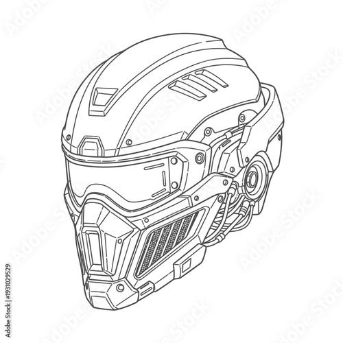 Futuristic Sci-Fi Tactical Helmet Line Art Illustration - Advanced Gear Outline