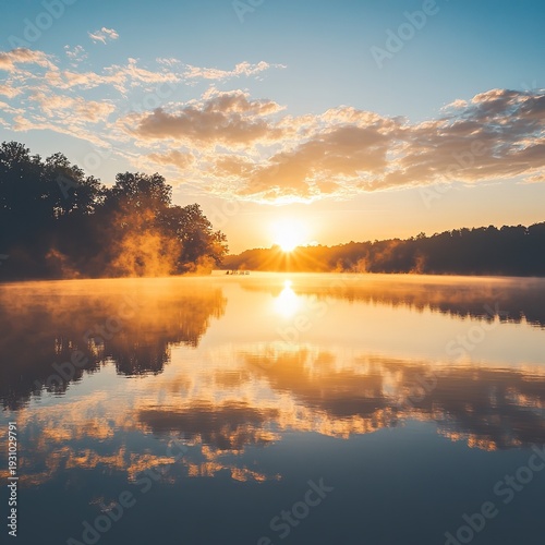 Peaceful Sunrise Over Calm Lake with Golden Light and Forest Reflection