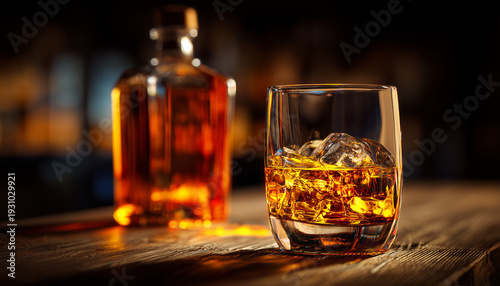 Premium Amber Whiskey with Ice in Elegant Glass on Dark Wooden Bar, Warm Dramatic Lighting, Luxury Alcohol Beverage Advertising Concept