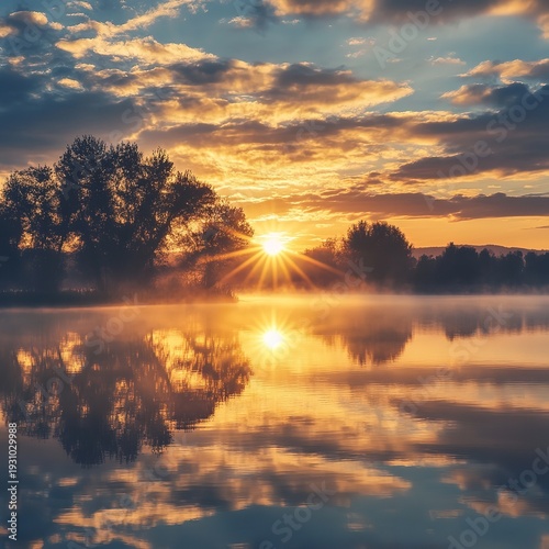 Peaceful Sunrise Over Calm Lake with Golden Light and Forest Reflection
