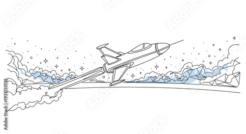 Hand-drawn rocket ship blasting through clouds and stars in space, vintage style