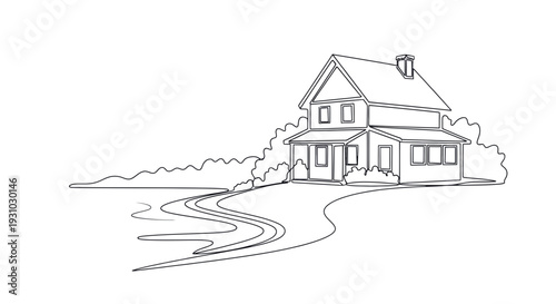 Hand-drawn sketch of a charming house with a winding path and lush greenery