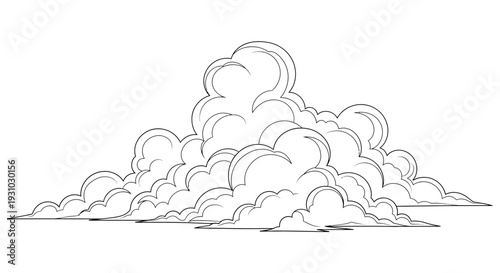 Hand-drawn sketch of fluffy cumulus clouds, isolated on white background, atmospheric drawing