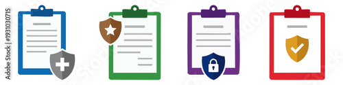 POLICY - Clipboard document with an attached shield  Flat Vector Illustration on Transparent Background