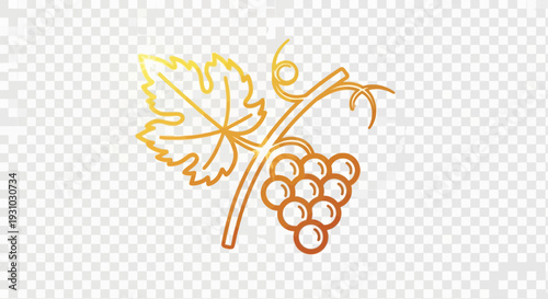 Golden Grapevine Icon: Grapes Bunch and Leaf on Vine Stem, Elegant Outline Art