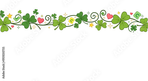 Shamrock or Leaf clover border with hearts shape, stars and sparkles on transparent background. Lucky charms curl shape. St. Patricks Day shamrock pattern. Vector banner