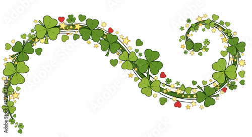 Shamrock or Leaf clover border with hearts shape, stars and sparkles on transparent background. Lucky charms curl shape. St. Patricks Day shamrock pattern. Vector banner