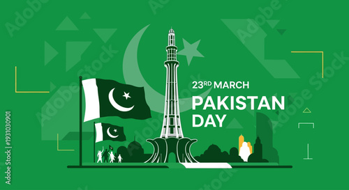 23rd March Pakistan Day Creative Illustration Green Background Template. Pakistan Day Vector Illustration. Suitable for greeting card, poster and banner. Pakistan Resolution Day or Republic Day,
