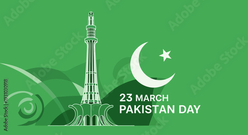 23rd March Pakistan Day Creative Illustration Green Background Template. Pakistan Day Vector Illustration. Suitable for greeting card, poster and banner. Pakistan Resolution Day or Republic Day,