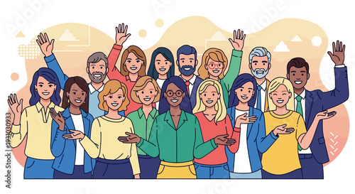 A group of happy people standing together Waving and inviting new customers Colleagues multi-ethnic team concept happy welcome newcomer. Colorful vector illustration