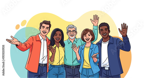 A group of happy people standing together Waving and inviting new customers Colleagues multi-ethnic team concept happy welcome newcomer. Colorful vector illustration