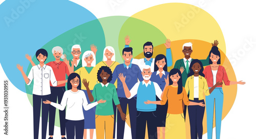 A group of happy people standing together Waving and inviting new customers Colleagues multi-ethnic team concept happy welcome newcomer. Colorful vector illustration