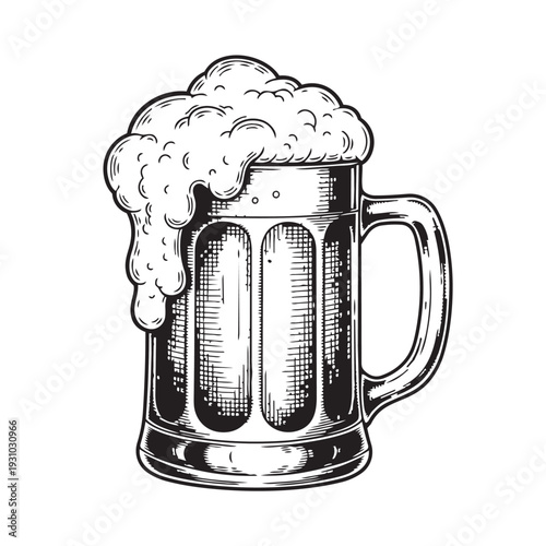 Vintage Beer Mug Engraving: Frothy Craft Ale, Perfect for Pub, Bar, Oktoberfest Celebration Vector