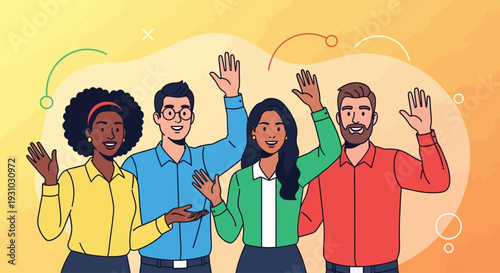 A group of happy people standing together Waving and inviting new customers Colleagues multi-ethnic team concept happy welcome newcomer. Colorful vector illustration