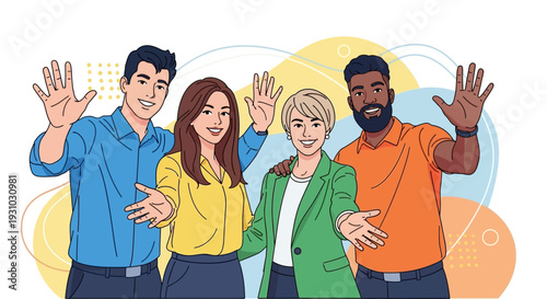 A group of happy people standing together Waving and inviting new customers Colleagues multi-ethnic team concept happy welcome newcomer. Colorful vector illustration