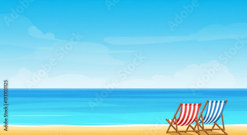 Abstract minimal summer horizontal poster, cover, banner, card with bright sea, blue sky and striped beach chairs. Summer holidays, journey, vacation travel illustration. Promo ads design template