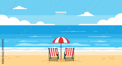 Abstract minimal summer horizontal poster, cover, banner, card with bright sea, blue sky and striped beach chairs. Summer holidays, journey, vacation travel illustration. Promo ads design template