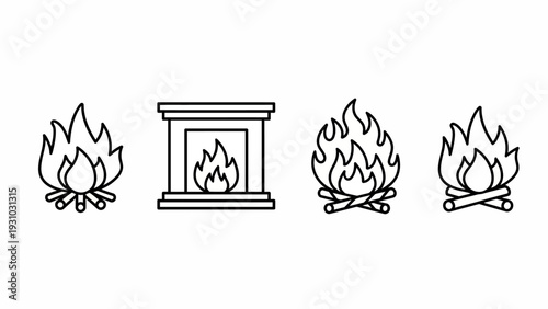 Illustration of various fire elements including a fireplace and campfires in a simple line art style