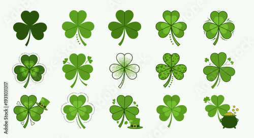  Flat shamrock icons set. Clover three and four leaves logo. Green floral symbol. St Patrick Day decoration for greeting card. Irish tradition motif, ornament element. Vector illustration EPS 10