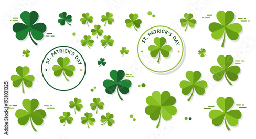 Flat shamrock icons set. Clover three and four leaves logo. Green floral symbol. St Patrick Day decoration for greeting card. Irish tradition motif, ornament element. Vector illustration EPS 10
