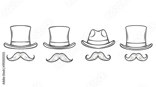 Illustration of four gentlemen's hats and mustaches in various styles, viewed from the front.